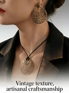 Women's Vintage Floral Round Pendant Necklace Earrings Set, Antique Copper Bohemian Jewelry Set, Retro Hollow Out Unique Necklace Dangle Earrings