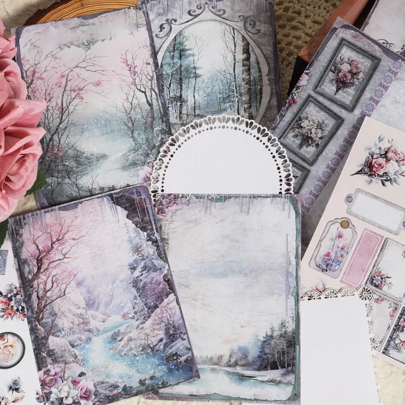 Romantic Scenery DIY Hollow Lace Handmade Decorative Paper Set, 82pcs/set Writable Romantic Scenery DIY Paper & Sticker Set, Stickers Kit, Art Stickers, Scrapbook Supplies, Scrapbooking Kit, Handcraft, DIY Crafts, Crafting Kit, Craft Project Supplies
