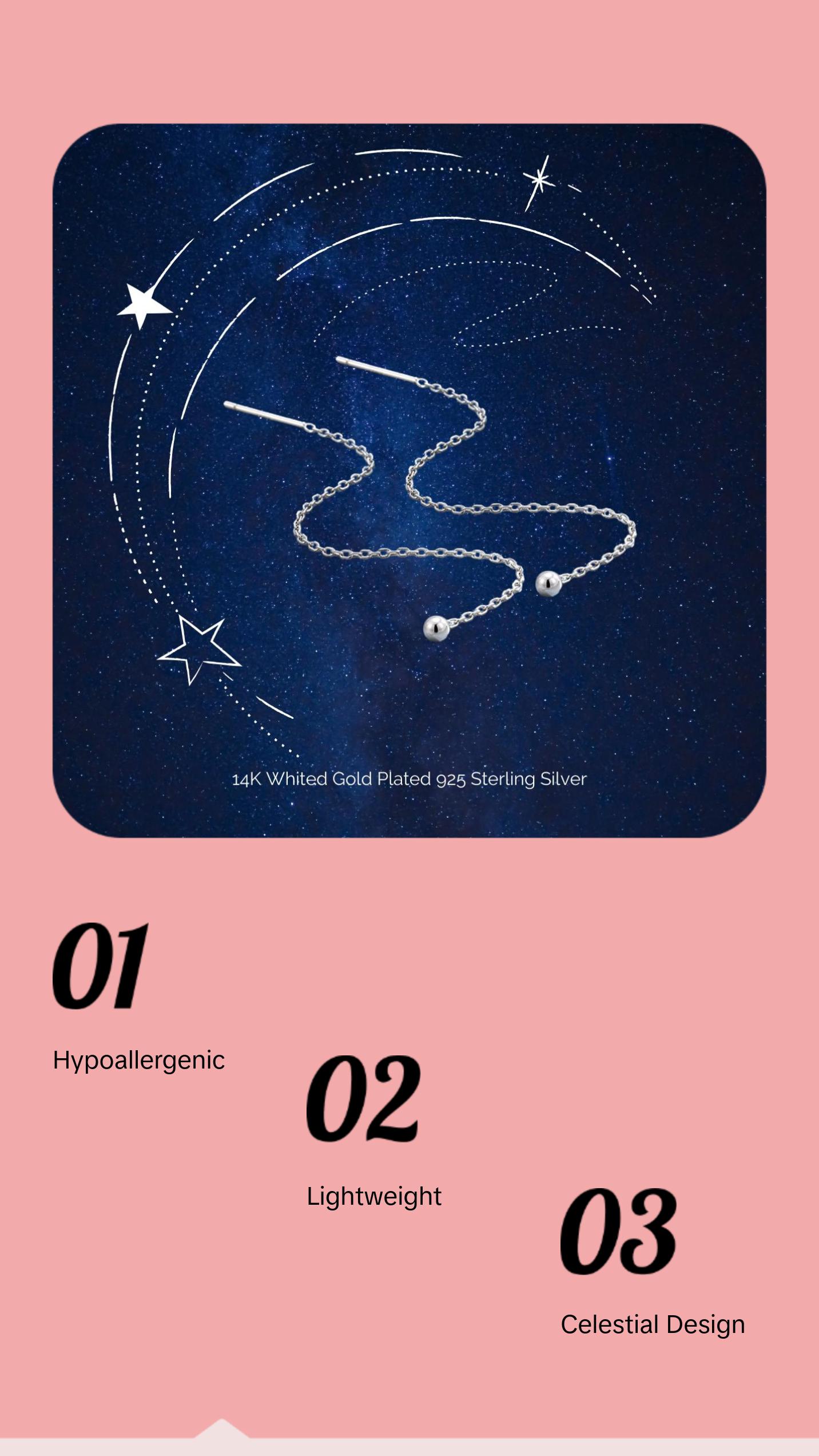 "Dancing Orb" 14K White Gold Plated Sterling Silver Hypoallergenic Ball Long Threader Earring Everyday Celestial Piercing Chain Earrings