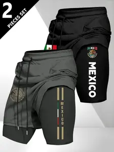 2-Pack Men's Sporty Short Pants, Mexican Print Graphic Fitness Shorts, Anti-Exposure Comfortable Breathable Fabric, Ideal for Daily Workout Gym Wear