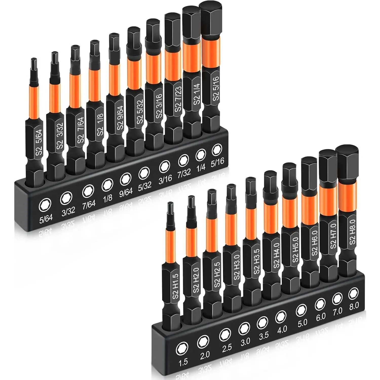 20 count Premium Hex Bit Set, Impact Hex Allen Wrench Drill Bit Set (Metric&SAE), 1/4" Hex-Shank S2 Alloy Steel Key Drill Bit Set with , CNC Machined