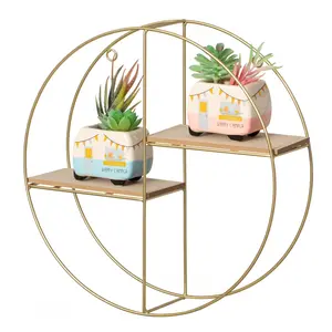 Vintiquewise QI004691.2GD Vintiquewise Elegant 2-Tier Decorative Floating Circular Silhouette Wall Shelf - Circular Metal and Wood Wall-Mounted Shelf