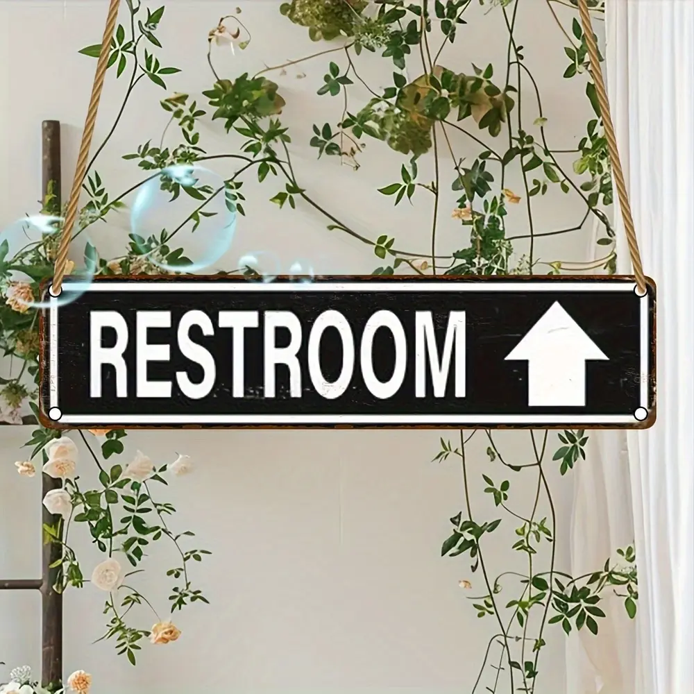 Retro Flat Rustic Wooden Bathroom Wall Sign - 4x16in Home Decor with White "RESTROOM" Letters, Upward Arrow, Suitable for Homes, Commercial Spaces, Ideal Gift, Tin