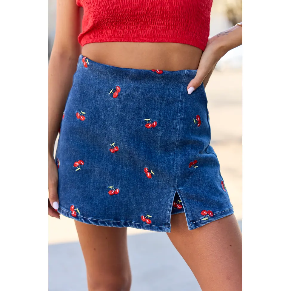 My Favorite Stretchy Dark Wash Cherry Embroidered Side Slit Denim Skort
