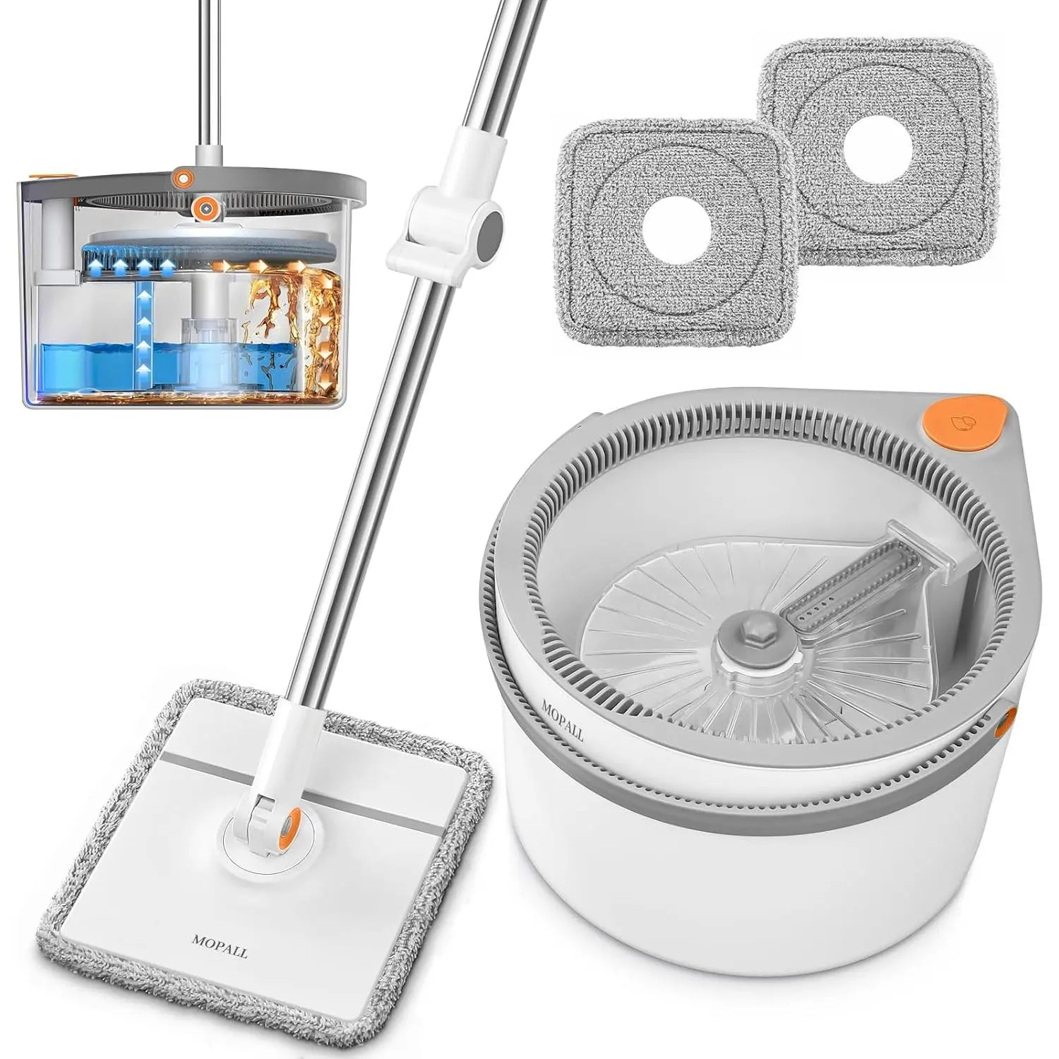 Spin Mop and Bucket Set, Dual Chambers Dirty and Clean Water Self Separation for Floor Wall Window, Wet and Dry Mop and Bucket with Wringer Set for Home (1 Square Mop with 2 Microfiber Pads)