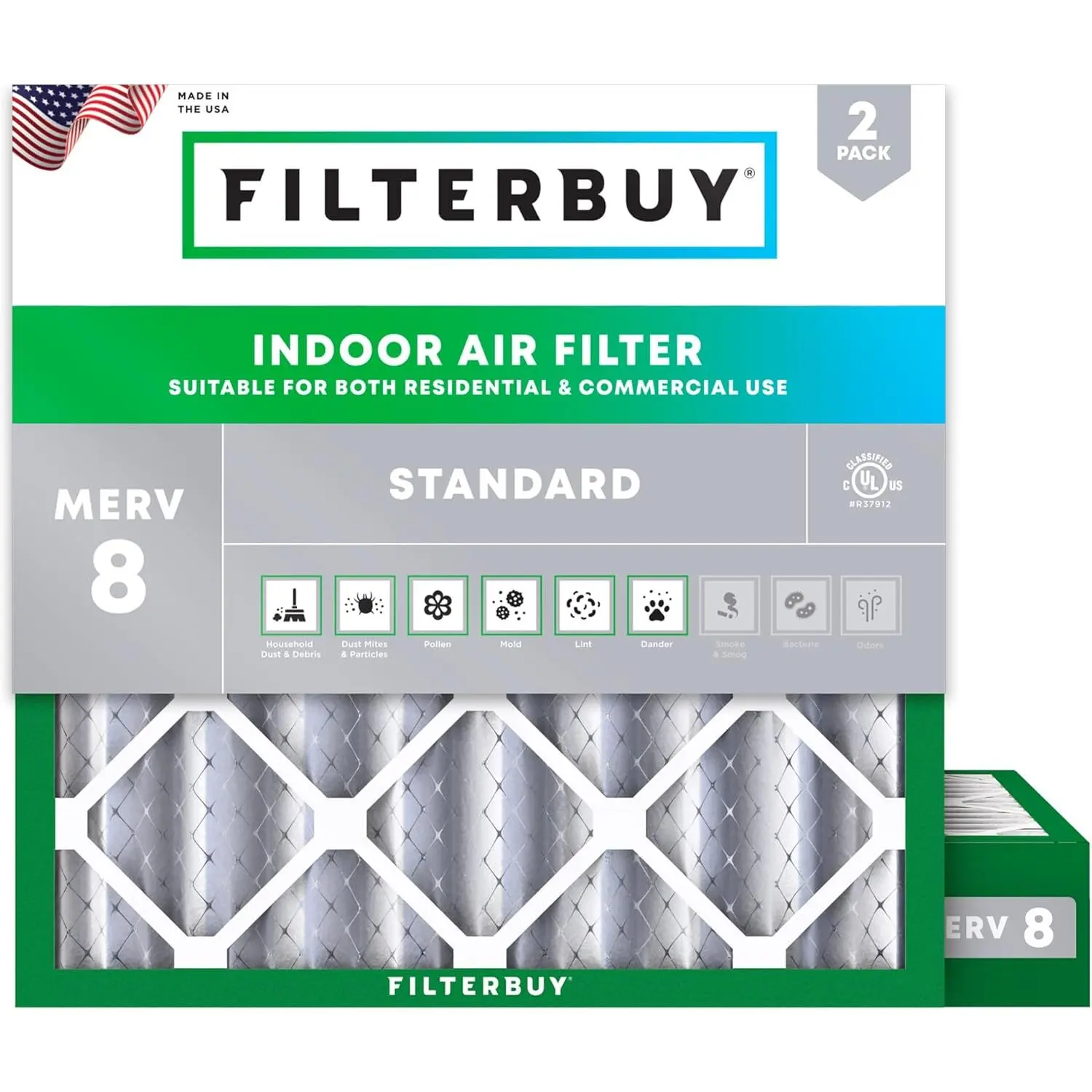 Filterbuy Household HVAC AC Furnace Replacement Air Filter (2-Pack) - 13.25x13.25x4 in Pleated MERV 8 Rating Polypropylene Eco-Friendly Durable Replacement Parts