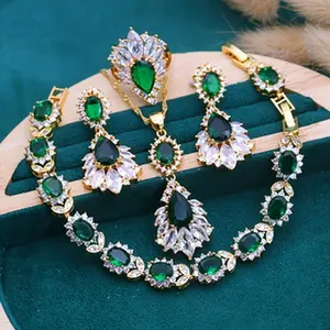 5pcs - Elegant Green Cubic Zirconia Jewelry Set 18K Golden-Plated Jewellry Sets Stud Earrings Bracelet Open Ring Necklace Set Suitable for Weddings Party Christmas Gift