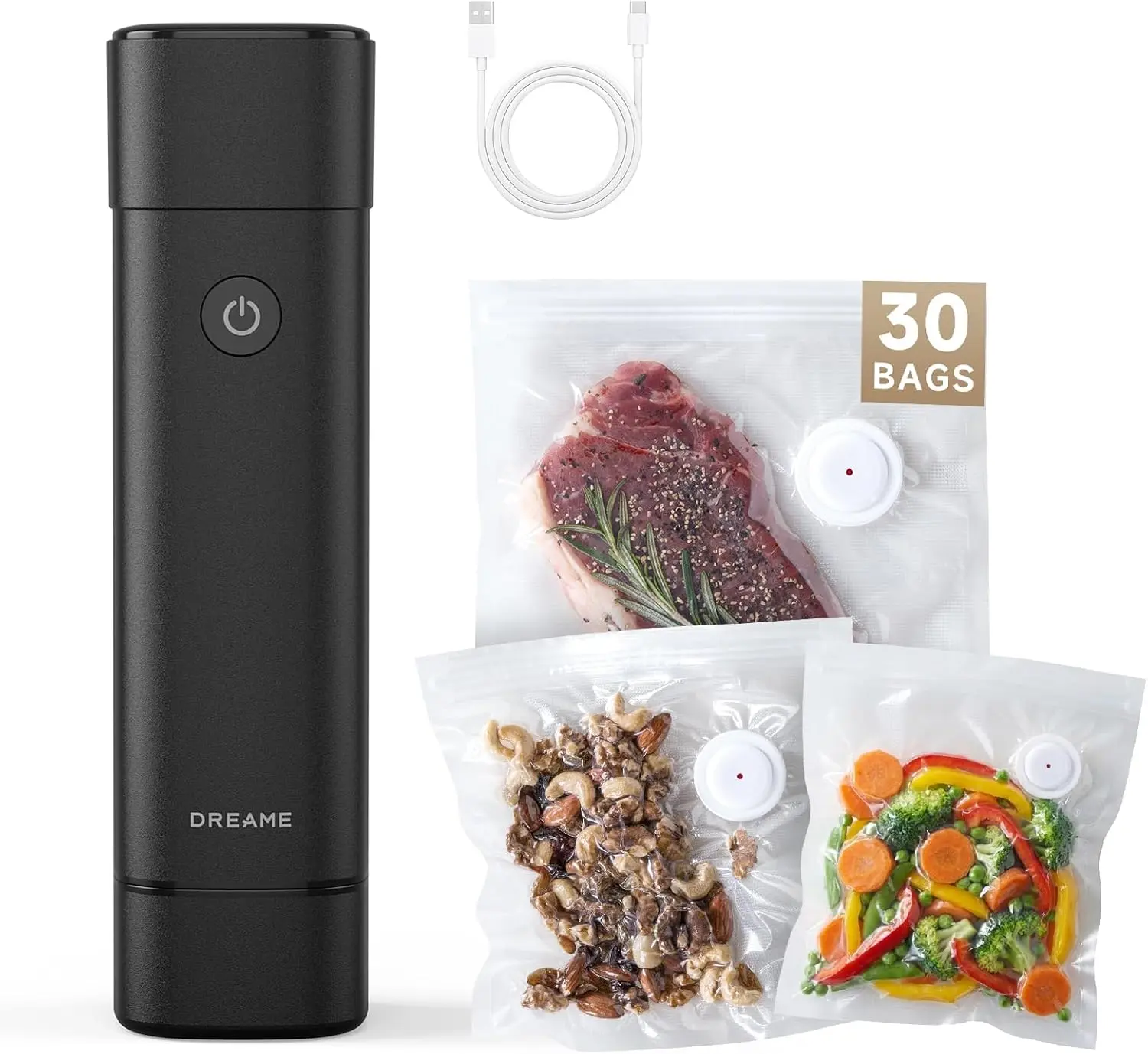 DREAME VH20 Handheld USB Rechargeable Vacuum Sealer for Food, Compact Saver with 30 Reusable Bags, Auto Stop, Dry & Moist Modes, Container & Wine Bottle Compatible, Maintains Freshness Vacuum Sealers