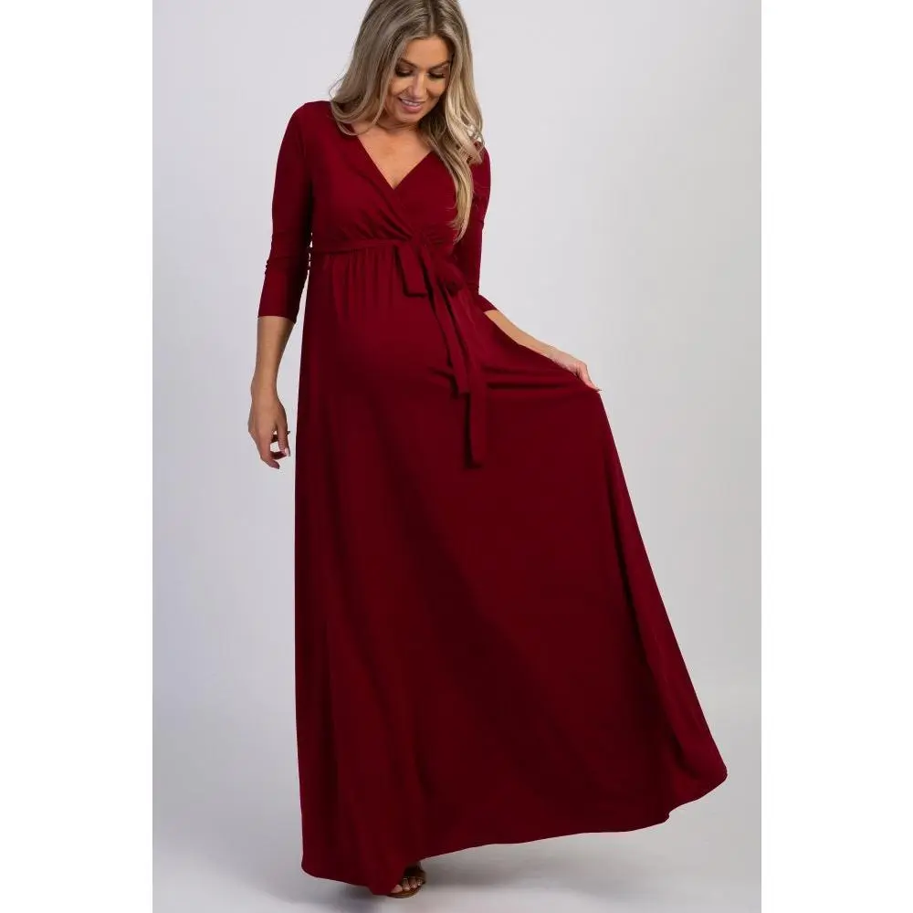 Women's Maternity Burgundy Draped 3/4 Sleeve Maxi Dress, Pregnancy Clothes, Maternity Wear for Dressing the Bump, Dress The Bump