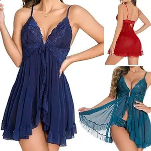 Sexy Open Front Ruffle Sheer Mesh Lace Wireless Babydoll Lingerie Dress with Thong 2 Piece, X-XXL