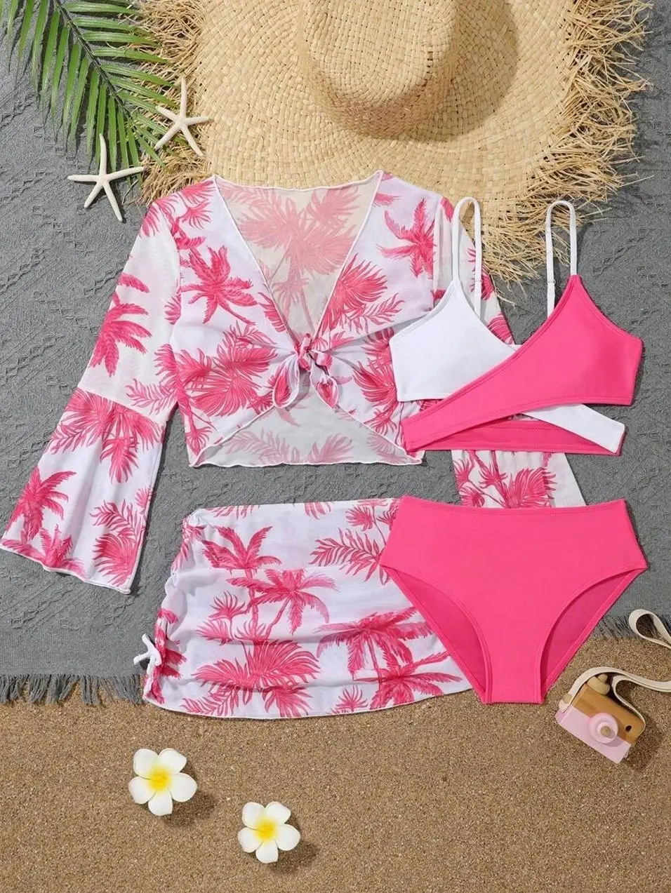 4pcs Colorblock Bikini Set with Coconut Tree Cover Up - Summer Beachwear