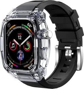 【Birthday Gifts】[Only band no watch]  Man Bands For Apple Watch Band 45mm, Durable Steel with Rugged Fiber Transparent Bumper Case for iWatch Series 9, 8, 7 Ultra-Thin Protective Set Smartwatch Strap Adjustable Wearable Protection  Shockproof