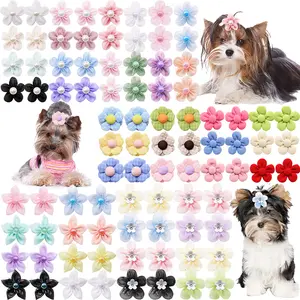 50pcs Handmade Floral Dog Bows Multi-Style Pet Hair Accessories with Pastel Vibrant Colors Durable Polyester Fabric for Small Dogs Cats Puppies Bulk Pet Supplies Cat Lovers