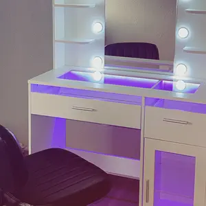 Modern LED Vanity Desk with Mirror, RGB Lighted Drawers & Glass Top, Makeup Table with Power Outlet, Storage Shelves & Cabinets for Bedroom, White