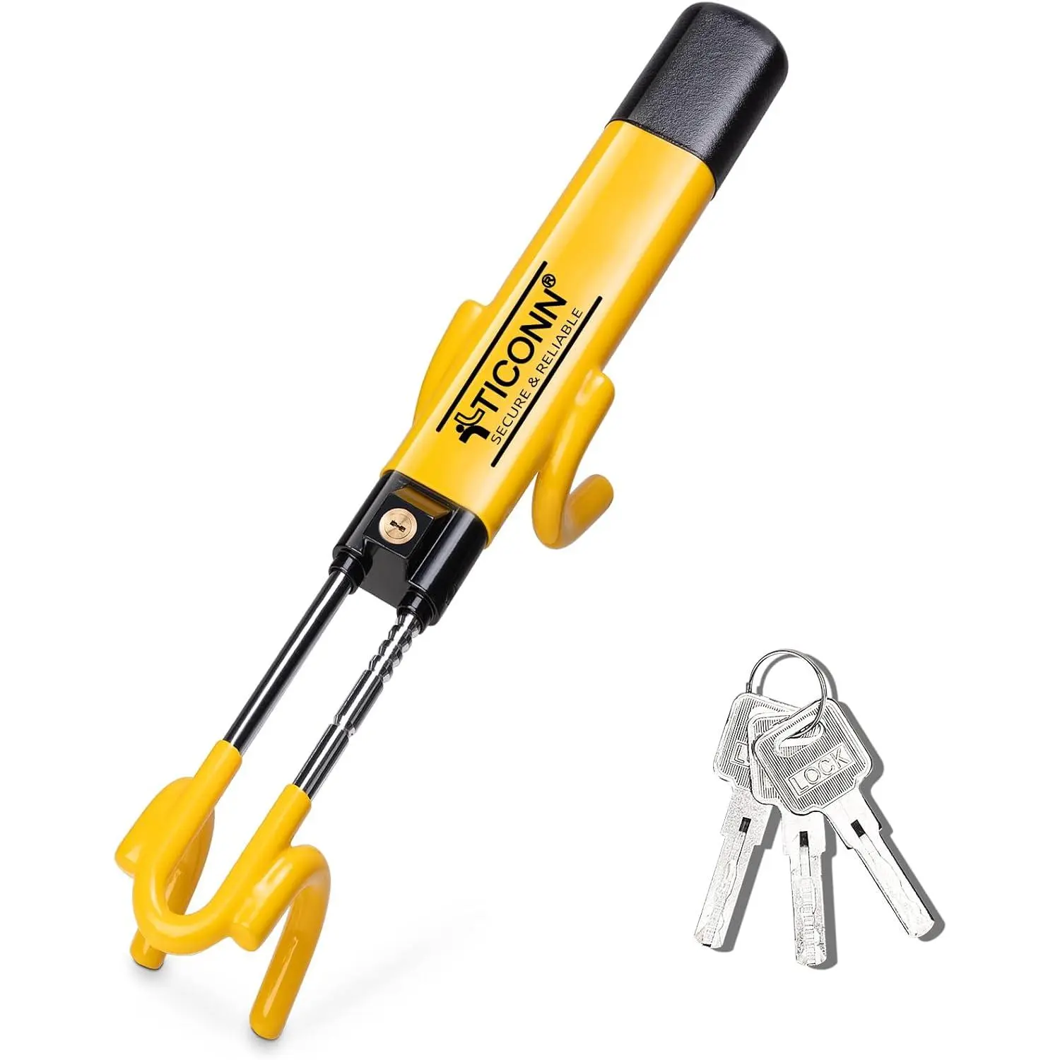 TICONN Steering Wheel Lock Anti Theft Device, Universal Wheel Locks for Cars with 3 Keys and Adjustable Length, Fits SUV, Pickup Truck, Van (Yellow)