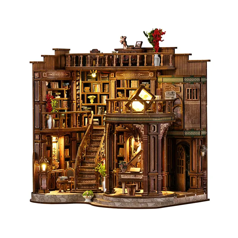 Wooden craft DIY Miniature Dollhouse Adult DIY Bookmark 3D Wooden Puzzle Bookshelf Cottage Set, Book Decoration Gift, Bookshelf Illustration Decoration, Retro Abstract Renaissance Style DIY Cottage 3D Hand-Assembled Manual Toy Decorative kit, Creative, Di