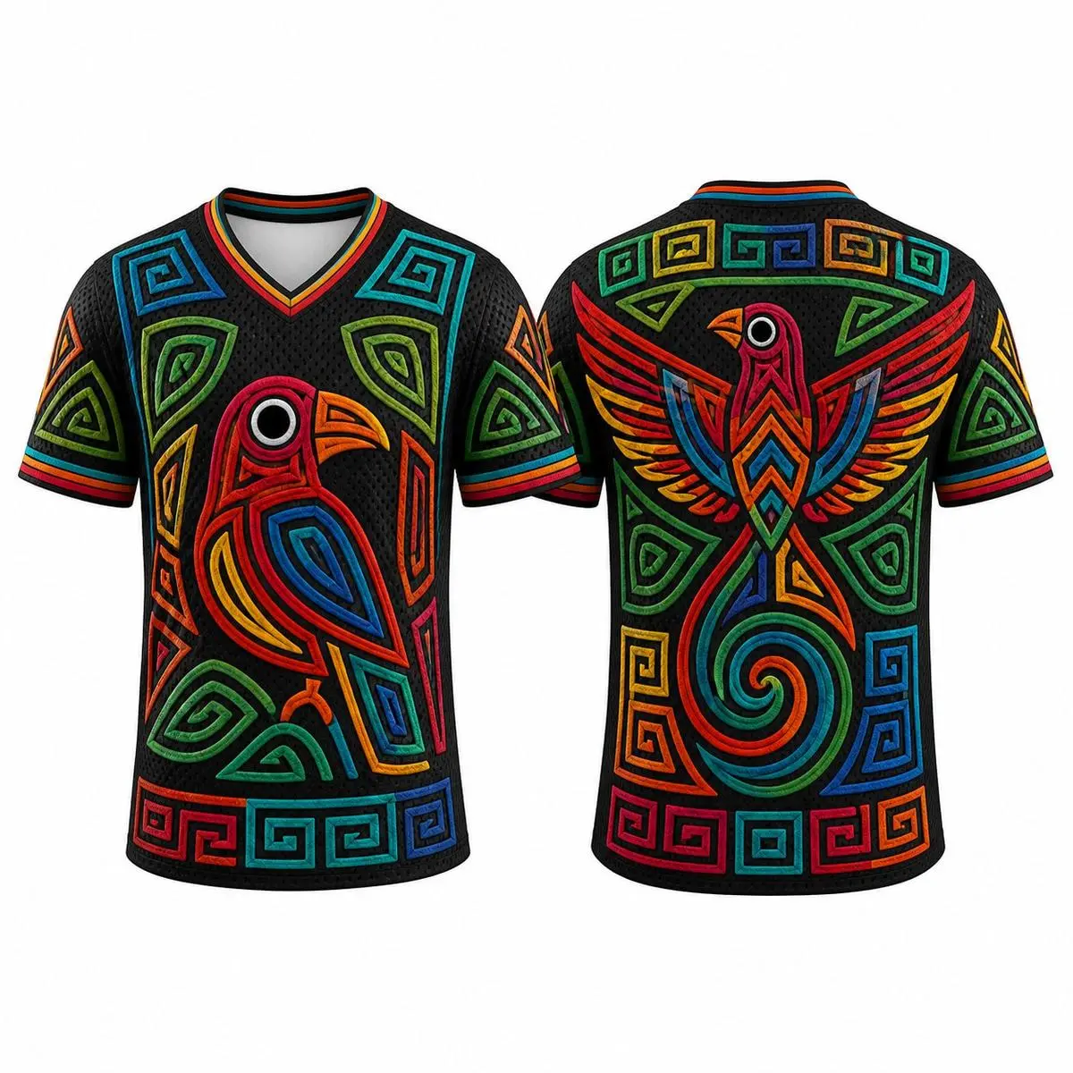 Hispanic Heritage Month Inspired Panama Mola Bird Pattern V Neck Mesh Shirt, All Over Print Short Sleeve Athletic Jersey, Unisex Cultural Streetwear for Men and Women
