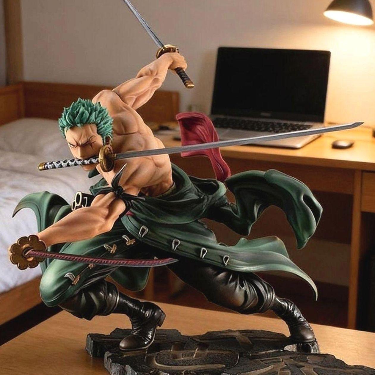 One Piece Roronoa Zoro Three-Sword Style Figure, Anime Collection Desktop Decor， Roronoa Zoro Battle Figure, Highly Detailed Statue Ornament "Thousand World" Scene Figure, Anime Collection Gift, Action Figures