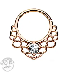 16G Rose Gold Brass Lotus Single CZ Septum Ring