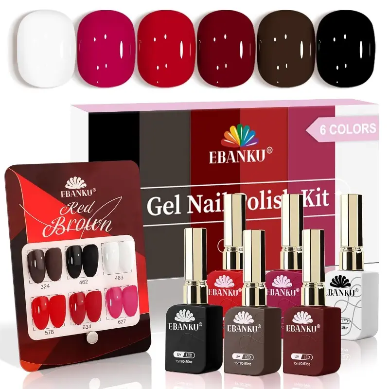 EBANKU 6 Pcs 15ML Red Gel Nail Polish Set- Dark Red Burgundy Gel Polish Same Color Same Bottle Soak Off Gel Polish Kit Nail Art Manicure Festival Gifts for Women (Dark Red White Black Brown)