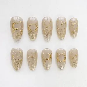 Astrology Press On Nails – Nude Gold Moon Star Nails, Almond Shape Luxury Fake Nails, Handmade Press Ons