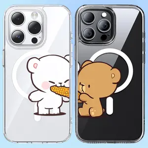 Bears Sharing Corn Matching Couple Design Clear MagSafe Compatible Phone Case & Paired Card Holder Wallet - for iPhone 16 Pro Max & Samsung Galaxy S24 Magnetic Shockproof Cover