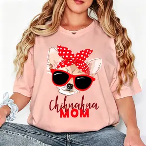 Casual Fashion Women's T-Shirt Chihuahua Mom With Sunglasses And Bow Summer Wear For Dog Lovers Gift For Pet Owners