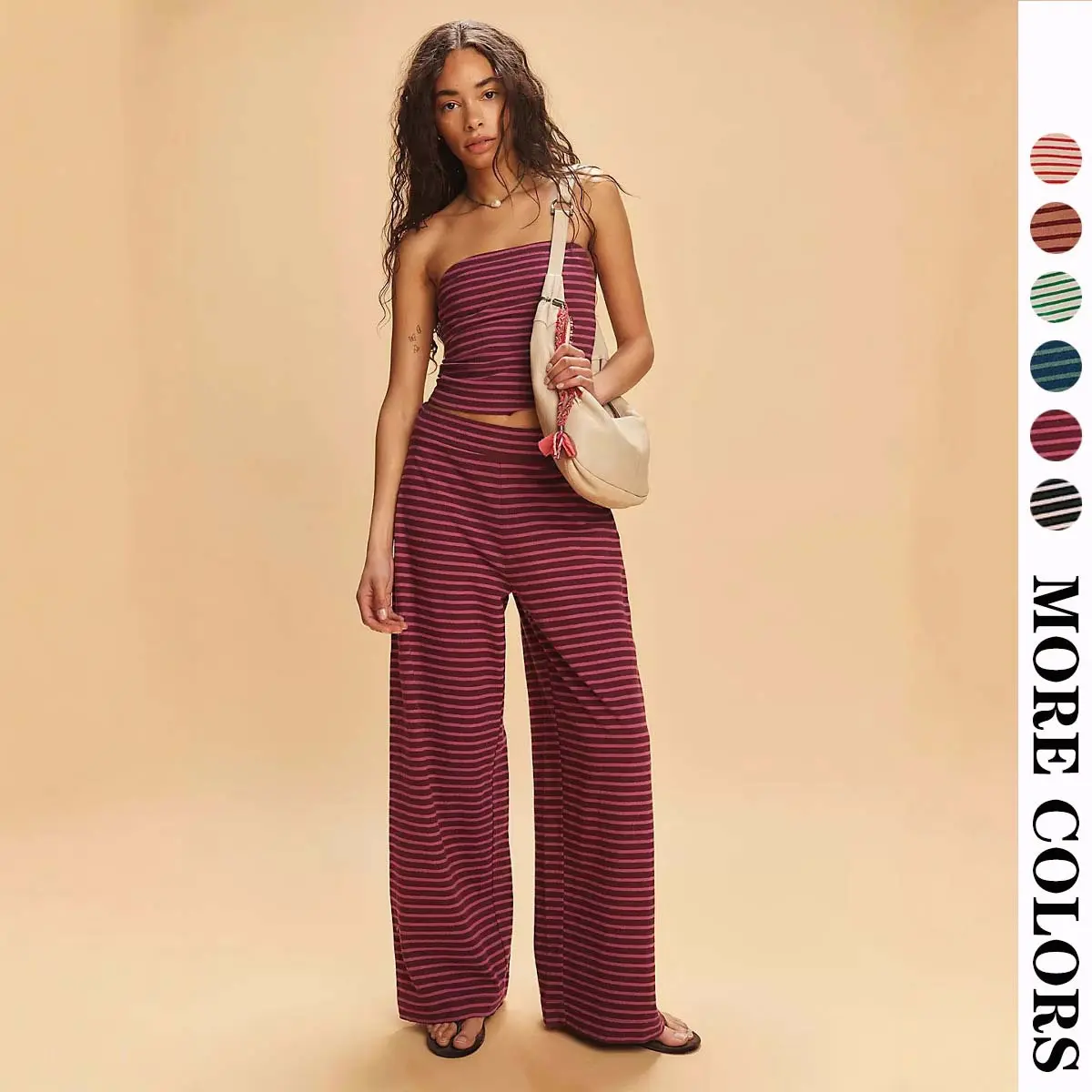 Striped Tube Top Wide Leg Pants 2 Piece Outfit Set Women Casual Soft Knit Matching Set Summer Beach Vacation Strapless Bandeau Top High Waist Loose Trousers Lounge Y2K Trendy Co-Ord Sets