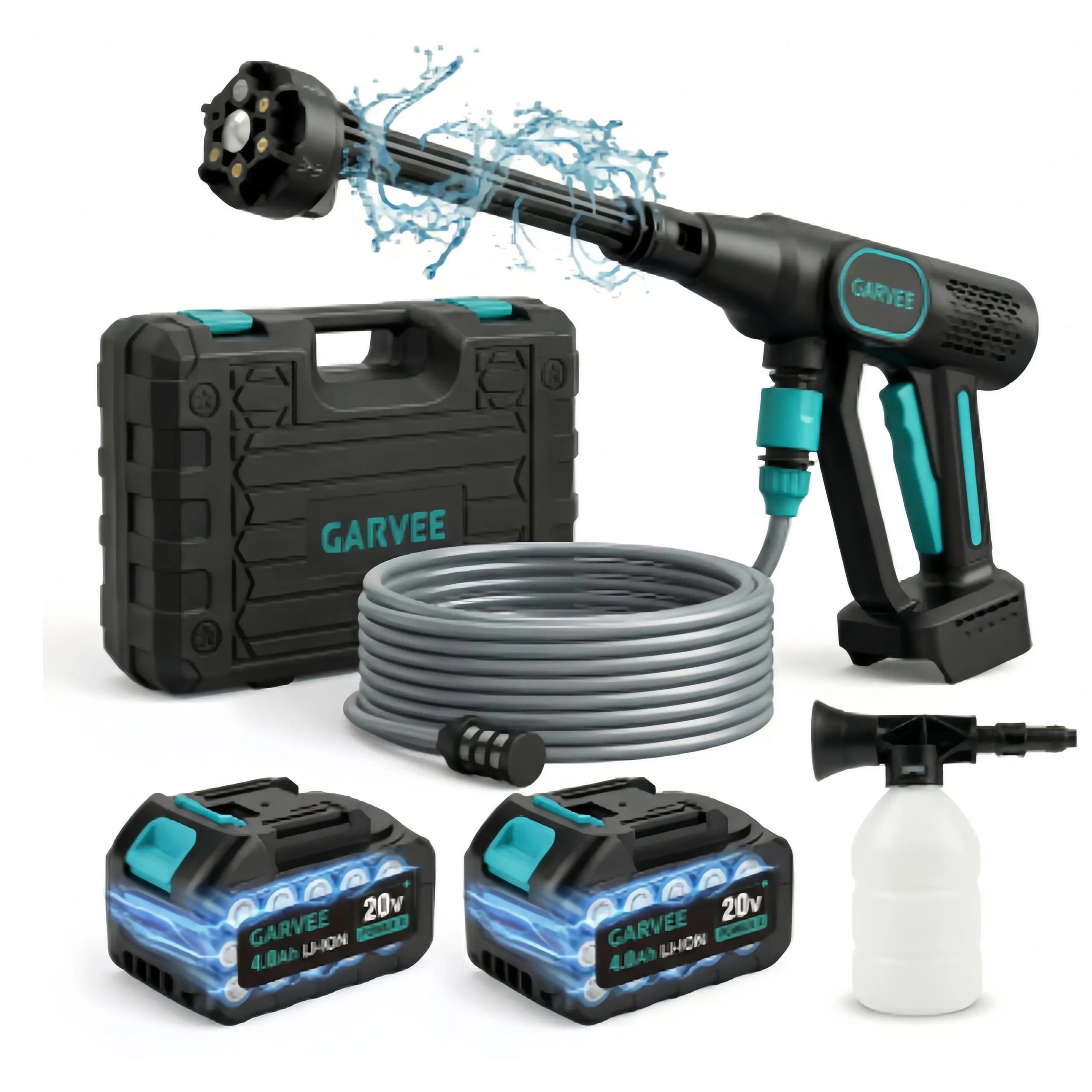 GARVEE Pressure Washer Battery Powered - Cordless with 6-in-1 Nozzle, 26FT High-Elastic Hose, 4.0Ah Battery & Charger; Portable Handheld Cleaner for Home, Car, Garden