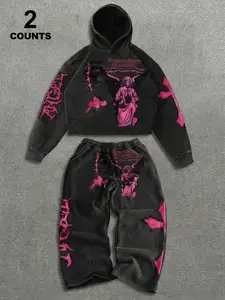 Dark Angel Print Unisex Set, Rose Angel Cross Element, Hooded Sweatshirt & Wide Leg Pants, Casual Fitted Style, Fall&winter