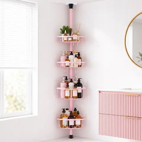 Pink 4-Tier Adjustable Corner Shower Caddy – Rustproof Stainless Steel Bathroom Organizer, No-Drill Tension Pole 47–121" with High Load-Bearing Capacity Shelves & Hooks for Shampoo, Loofah, Towels Rod Floor Standing Bath Rack