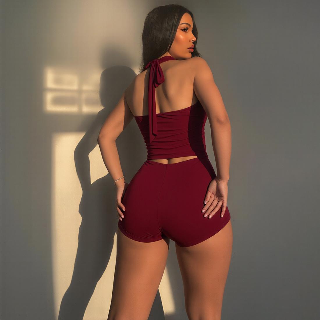 2026 Summer New Style Sexy Hollow Out Halter Neck Tank Top Slim Fit Shorts Two-Piece Women's Outfit in Milk Silk Fabric - Casual