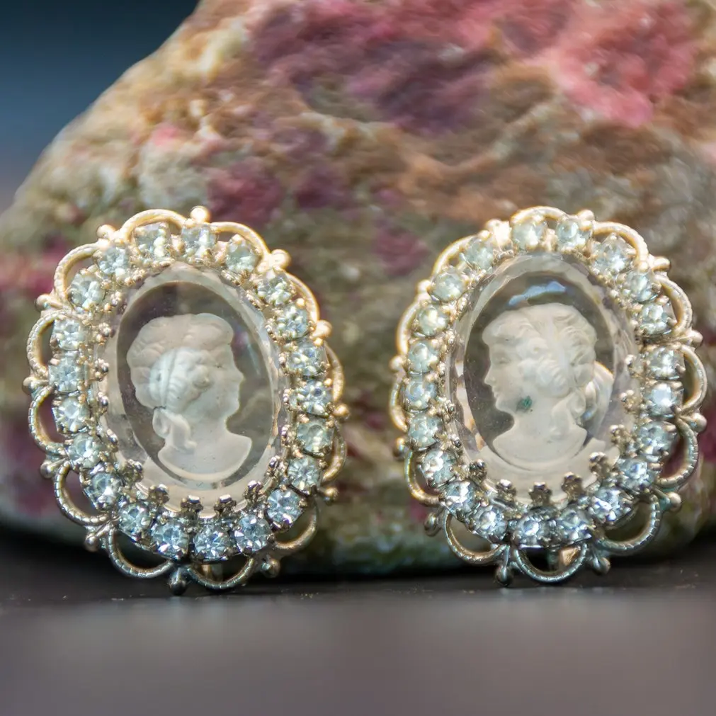 Vintage Joseph Warner Intaglio Cameo Glass and Rhinestone Clip On Earrings