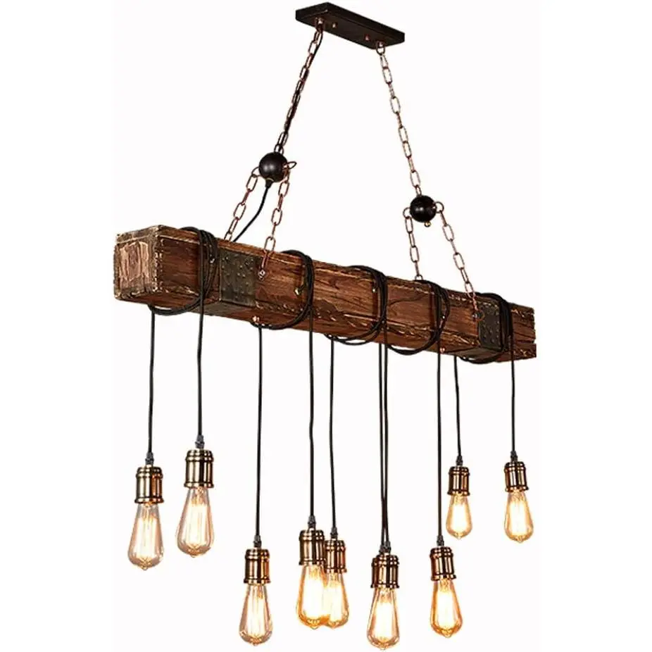 10-Light Industrial Rustic Wood Pendant Light Chandelier Lighting Hanging Ceiling Fixture Vintage Farmhouse Lighting Adjustable Chain for Kitchen Island, Hallway, Foyer