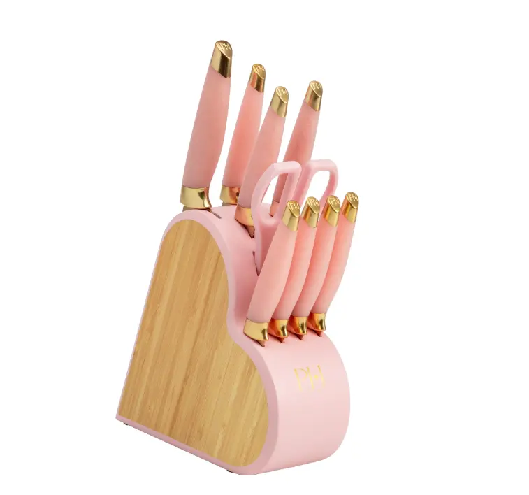 10-Piece Stainless Steel Kitchen Knife Set with Heart-Shaped Block, Pink