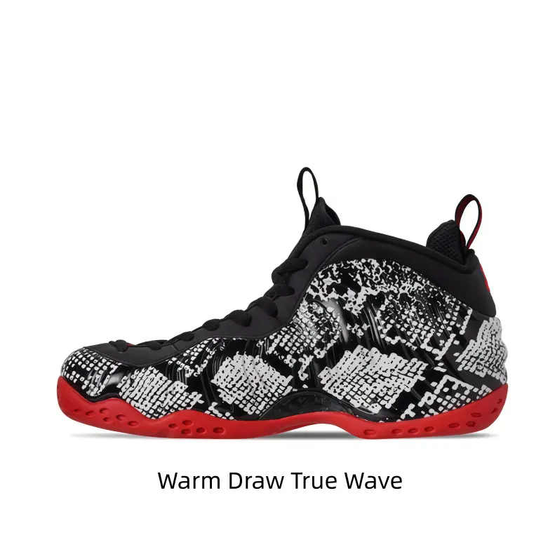 Reptile Scale Graphic Mid Cut Trainers Gloss Shiny Foam Shell Upper Black Mesh Collar Shock Absorbing Bright Red Outsole ：