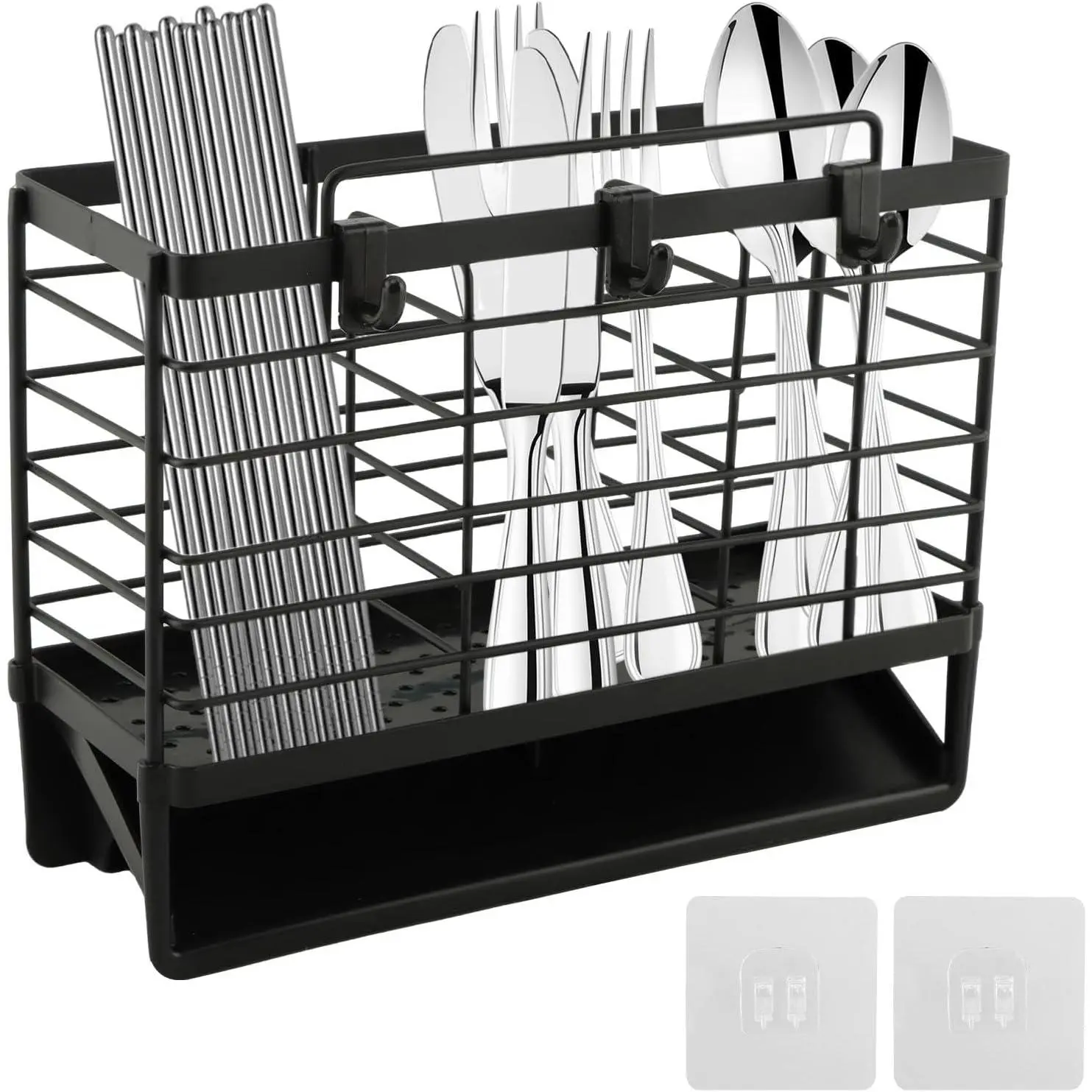 3-Tier Durable Carbon Steel Cutlery Rack - Drip Tray, Quick Drainage, Utensil Holder, Organizer Shelf, Wall-Mount/Countertop Use for Apartment Users, RVs’ Knives, Forks, Spoons, Chopsticks