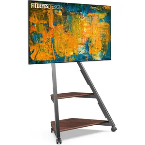 FITUEYES Design Corner TV Stand for 32 43 50 55 65 Inch TVs, Small Spaces Floor TV Stand Rolling TV Cart for LCD/LED Flat Curved Screens, Modern Living Room Television Stands, Eiffel Series, Walnut