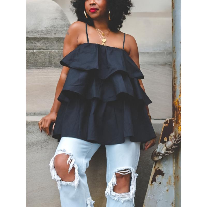 Elegant Plus Size Womens Sleeveless Tiered Ruffle Cami Top - White Layered Peplum Design, Non-Sheer Fabric, Hand Washable, Perfect for Casual or Chic Outfits, Versatile Layering Piece | Voluminous Blouse | Nonstretch Fabric