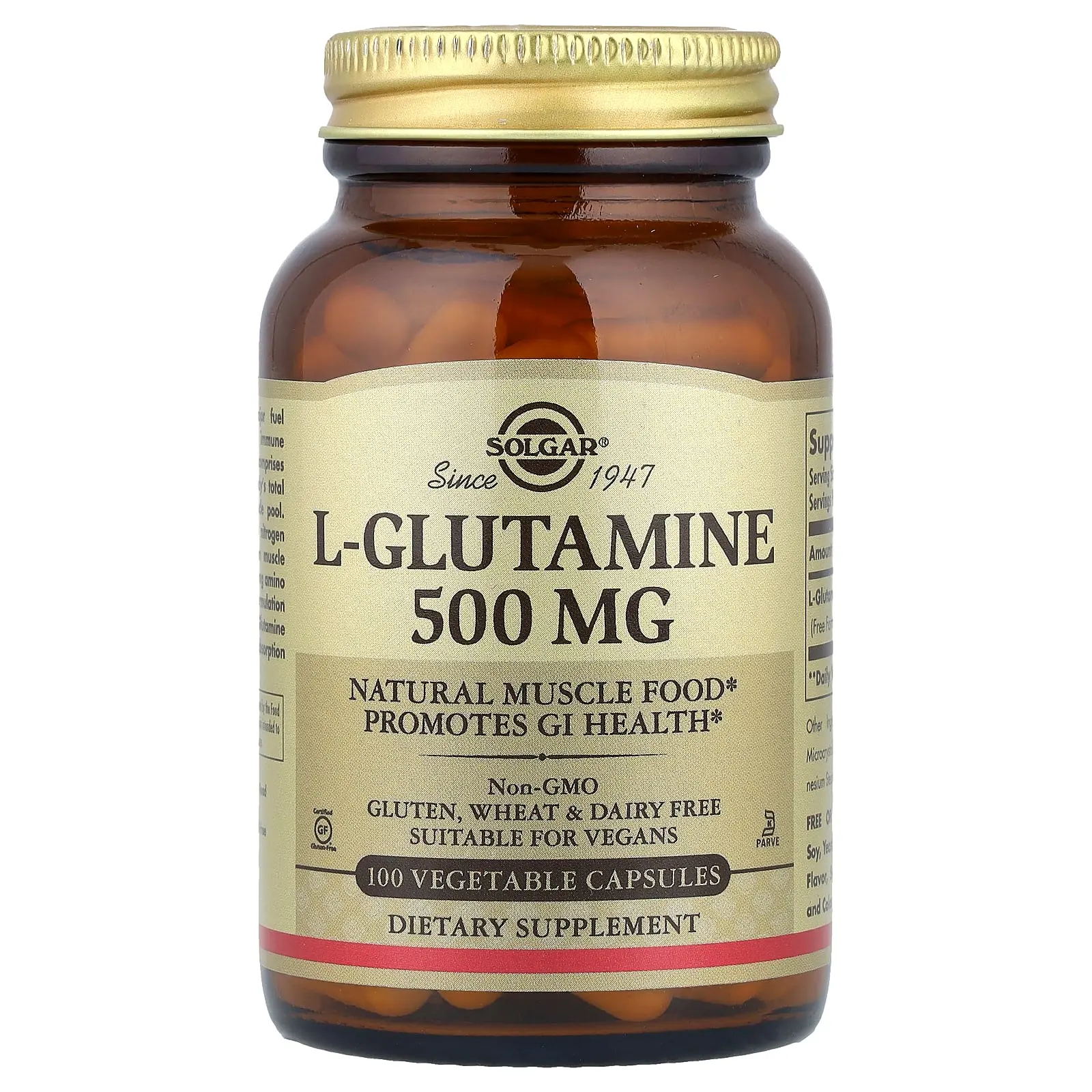 Solgar L-Glutamine, 100 Vegetable Capsules (500 mg per Capsule) Solgar L-Glutamine, 100 Vegetable Capsules (500 mg per Capsule)