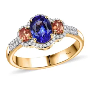 Tanzanite, Padparadscha Sapphire & Diamond Ring in Solid 14k Yellow Gold 2.00ctw