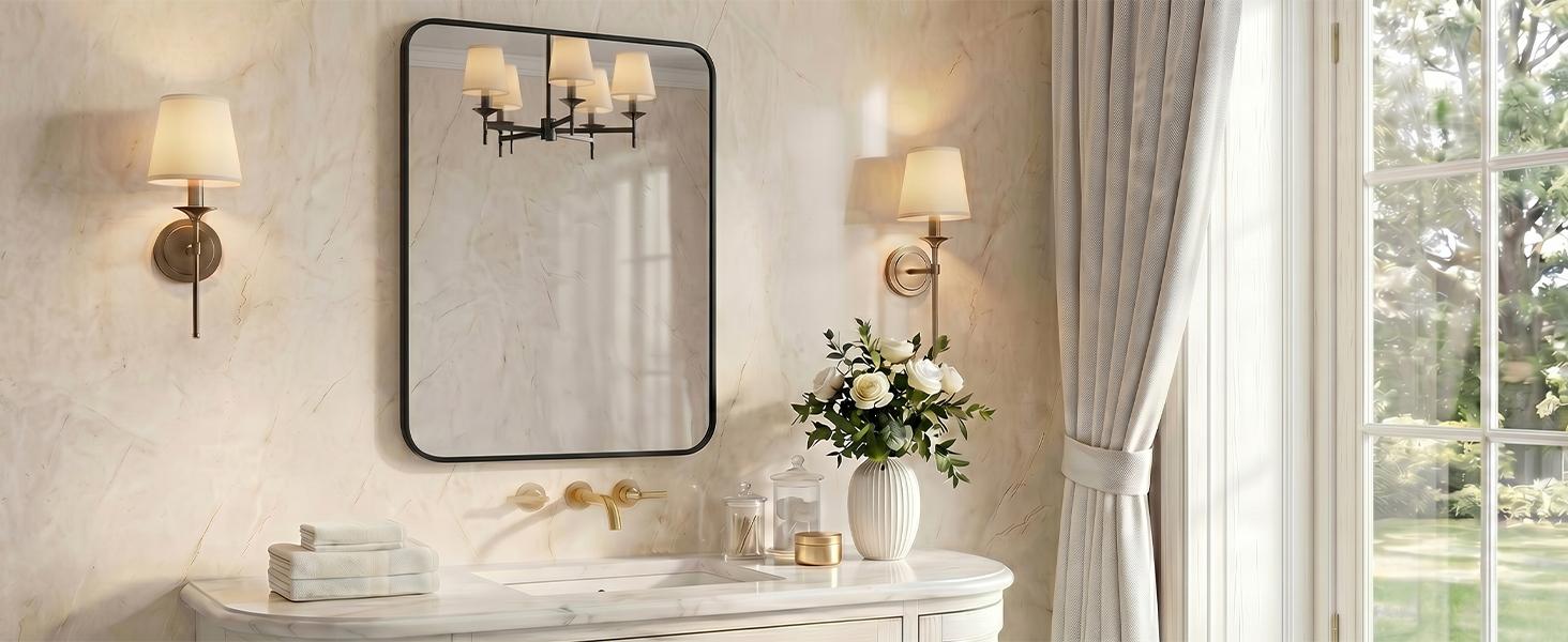 Bathroom Mirror for Over Sink,  Wall Mount Mirror with Rounded Rectangle and Matte Metal Framed, Modern Wall Vanity Mirror for Home Decor, Living Room, Bedroom, Black