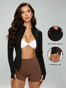 Women's Sporty Athleisure Style Tight-Fitting Jacket, Full Zip Stand Collar Thumb Loop Gym Outerwear, Soft Skin-Friendly Fabric Yoga Running Top, Sports Jacket, Women Workout Clothes, Athletic Jackets, Athletic Outerwear
