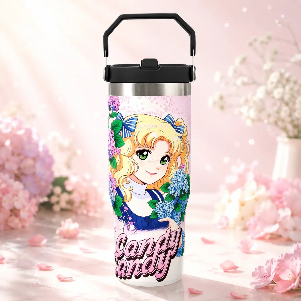 30oz Candy Candy Inspired Tumbler Cup, Cute Anime Aesthetic Design Travel Mug with Straw Lid & Foldable Handle, Kawaii Candy Candy Theme Cup, Cartoon Style Drinkware, Daily Use Tumbler, Portable Cup Gift Idea