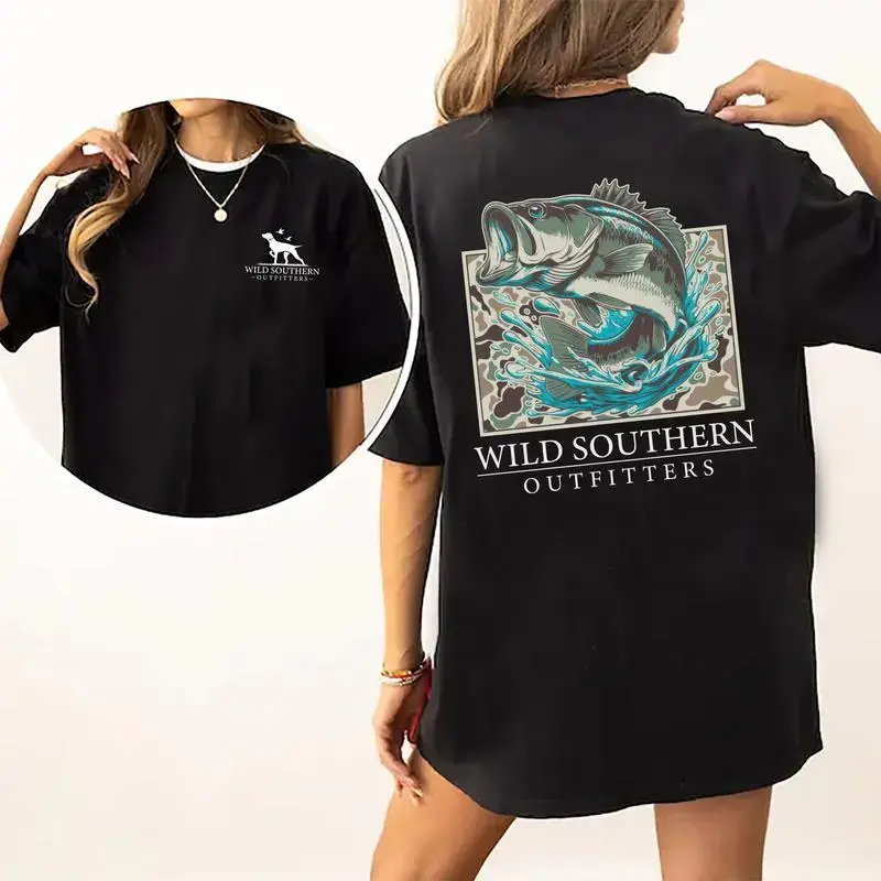 Fishing Bass Shirt, Fishing Camo T-shirt, Simply Printed Graphic Shirt, Daily Casual Cotton Womenswear Fabric Top