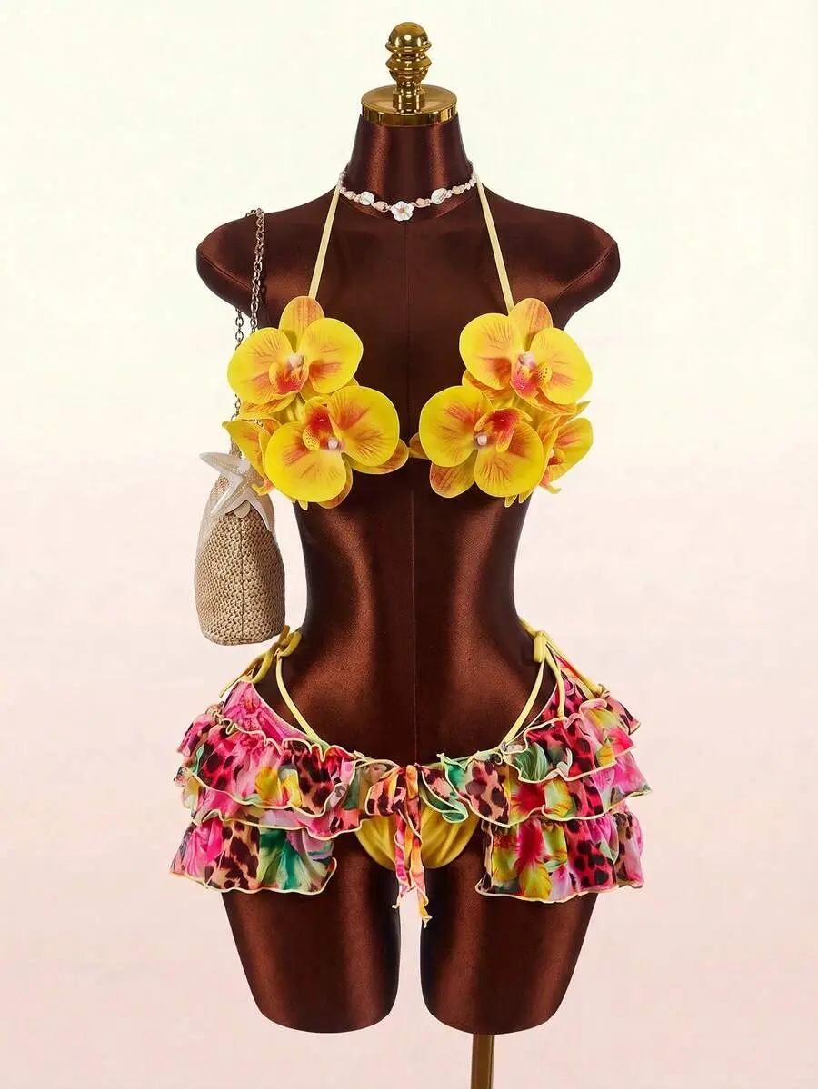 3pcs Women's Swimsuit Set With 3D Floral Butterfly Orchid Cups,Ruffle Hem Coverup,Yellow Summer Casual Holiday Vacation Beach Festival Outfits