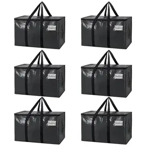 6 Packs Black Heavy Duty Large Handheld Storage Bags, High Load-Bearing Material For Clothes Books, Surround Handle With Visible Label, Foldable Space-Saving, For Home Moving Dorm Packing Storage