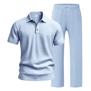 Men’s Linen Beach Two Piece Set, Casual Short Sleeve Button Down Shirt and Loose Long Pants Set, Lightweight Breathable Summer Outfit, Relaxed Fit Drawstring Loungewear for Vacation Travel Resort Daily Wear Comfortable Stylish