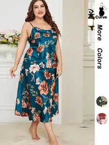 【Plus Size】 Floral Print Jersey Draped Spaghetti Cami Loungewear Nightdress, Lady Casual Sleeveless Nightgown, Night Gown for Women, House Dress for Women, Women's Sleepwear for Summer, Womenswear