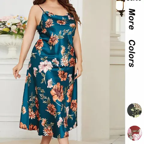 Plus Size Floral Print Draped Sleeveless Cami Nightdress, Comfortable Adjustable Spaghetti Strap Nightgown, Women's Plus Size Sleepwear for Summer, Loungewear, Sleepwear Dresses